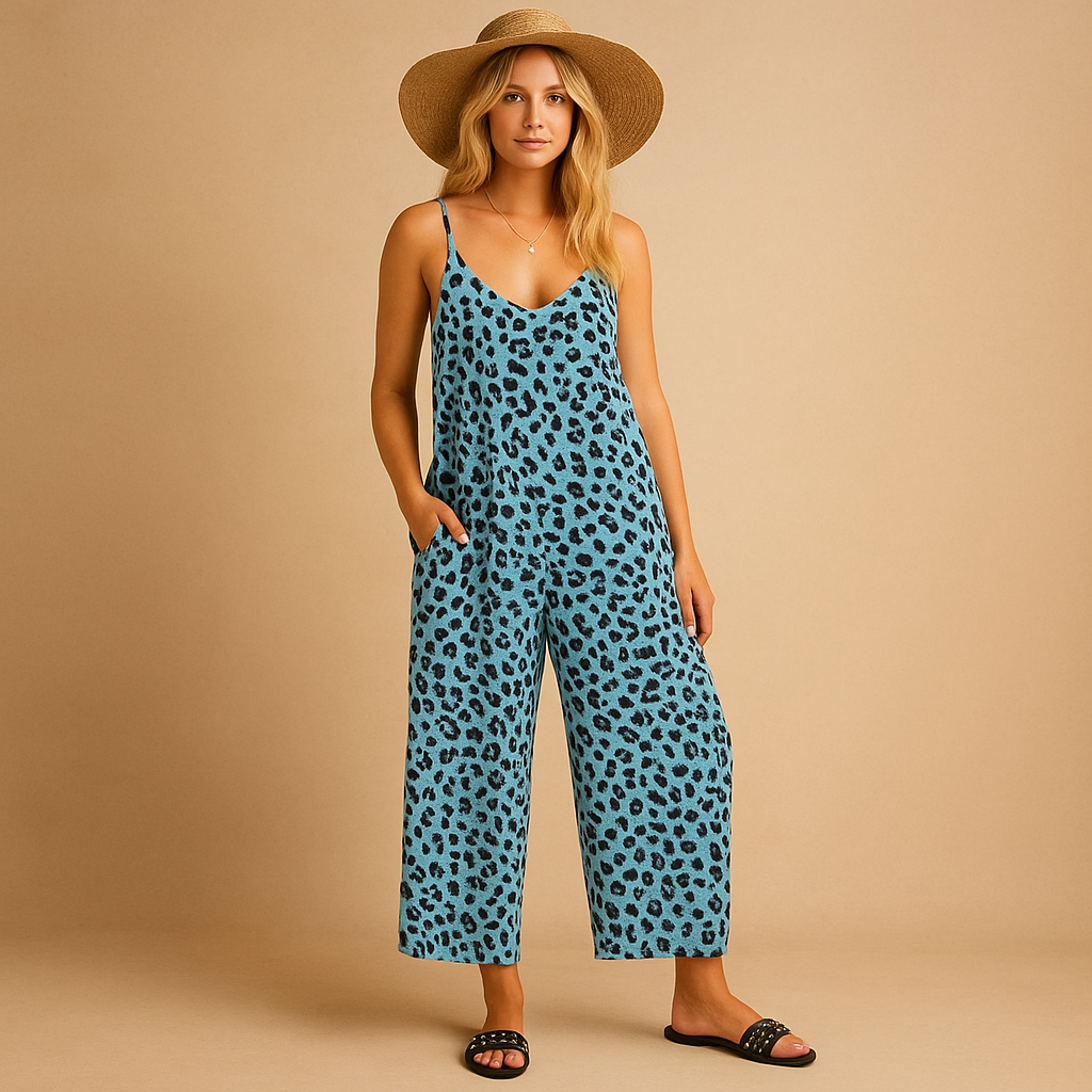 Stylish women’s leopard print halter jumpsuit with a flattering neckline and lightweight fit, perfect for summer days, vacations, and casual outings.