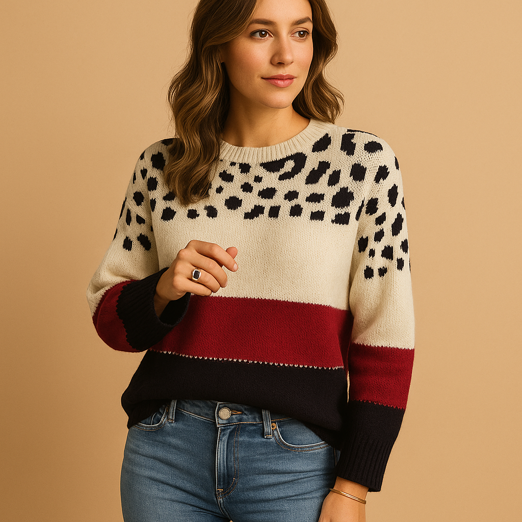 Women’s leopard print sweater in beige with black pattern, featuring a relaxed fit and breathable feel, ideal for casual everyday outfits.