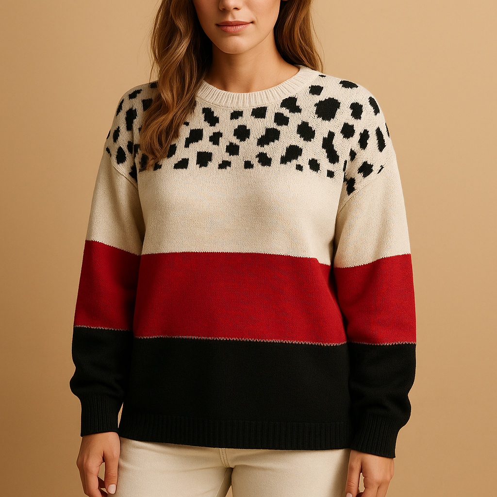 Women’s leopard print sweater in beige with black pattern, featuring a relaxed fit and breathable feel, ideal for casual everyday outfits.