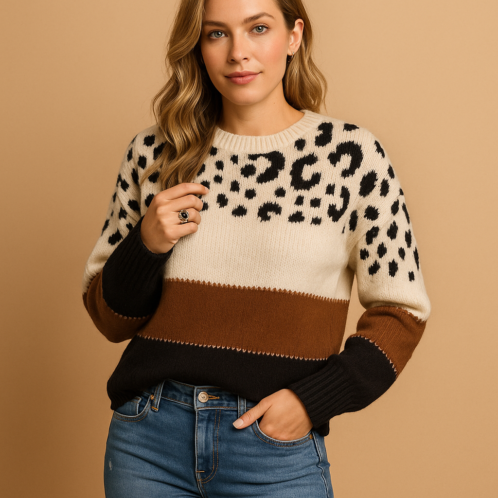 Women’s leopard print sweater in beige with black pattern, featuring a relaxed fit and breathable feel, ideal for casual everyday outfits.