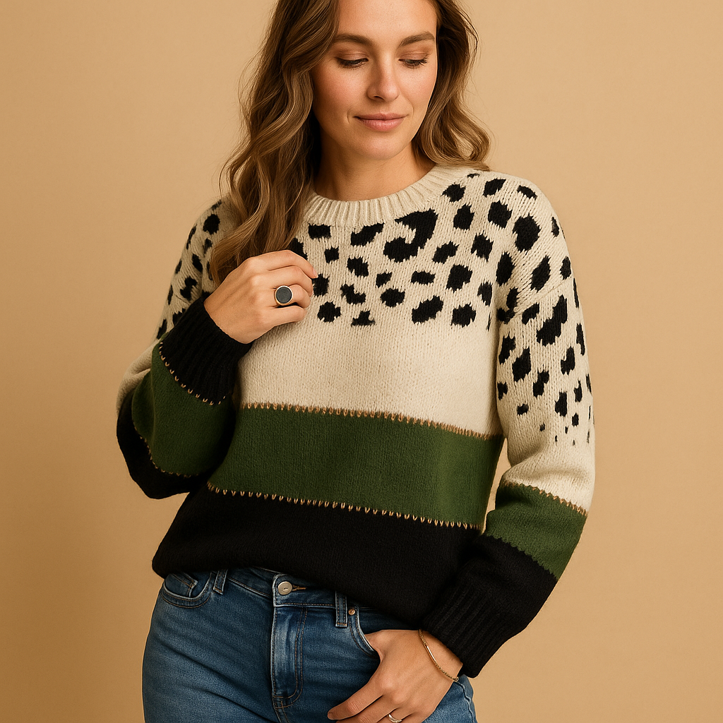 Women’s leopard print sweater in beige with black pattern, featuring a relaxed fit and breathable feel, ideal for casual everyday outfits.