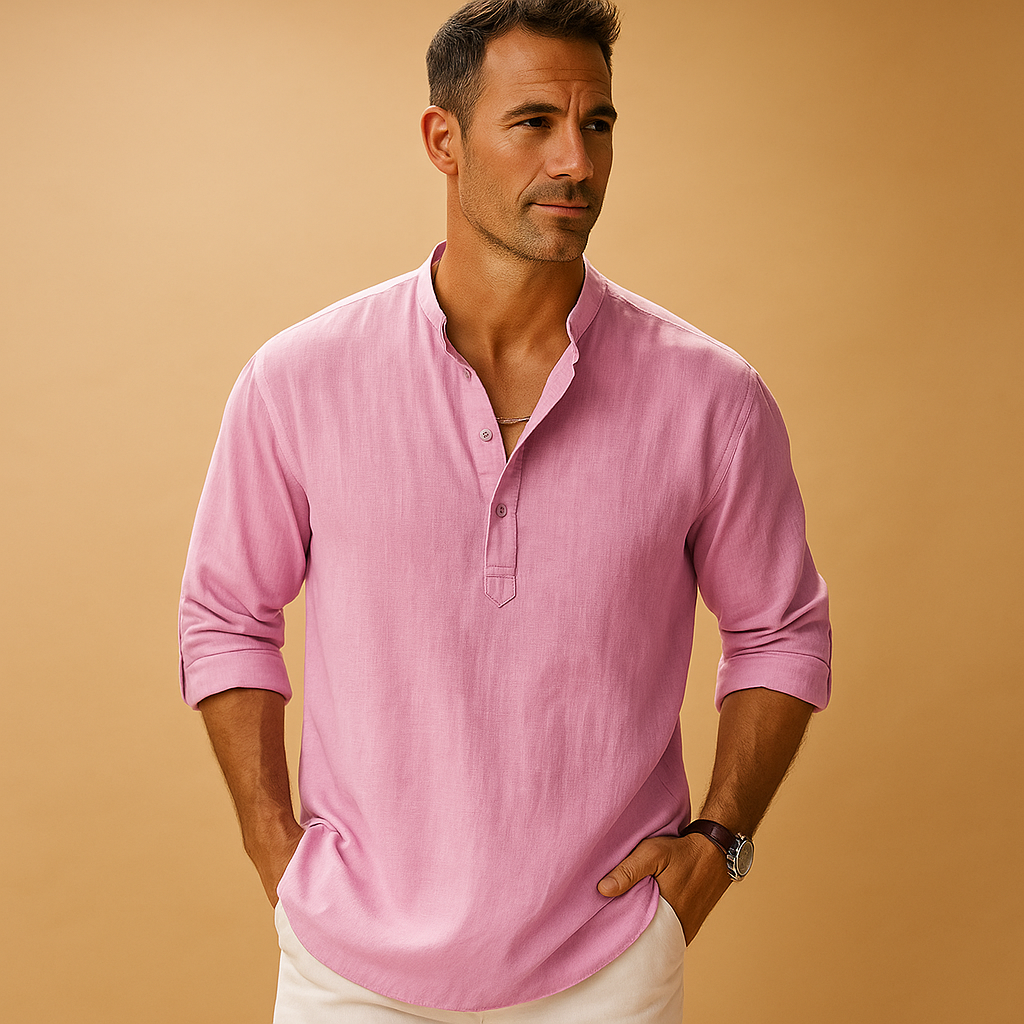Light long-sleeve shirt for men with V-neck and breathable fabric, ideal for summer, work, or casual evenings out.