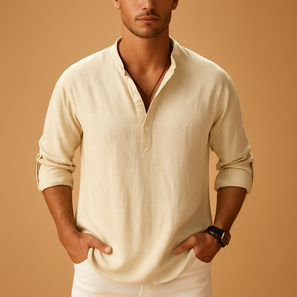 Light long-sleeve shirt for men with V-neck and breathable fabric, ideal for summer, work, or casual evenings out.