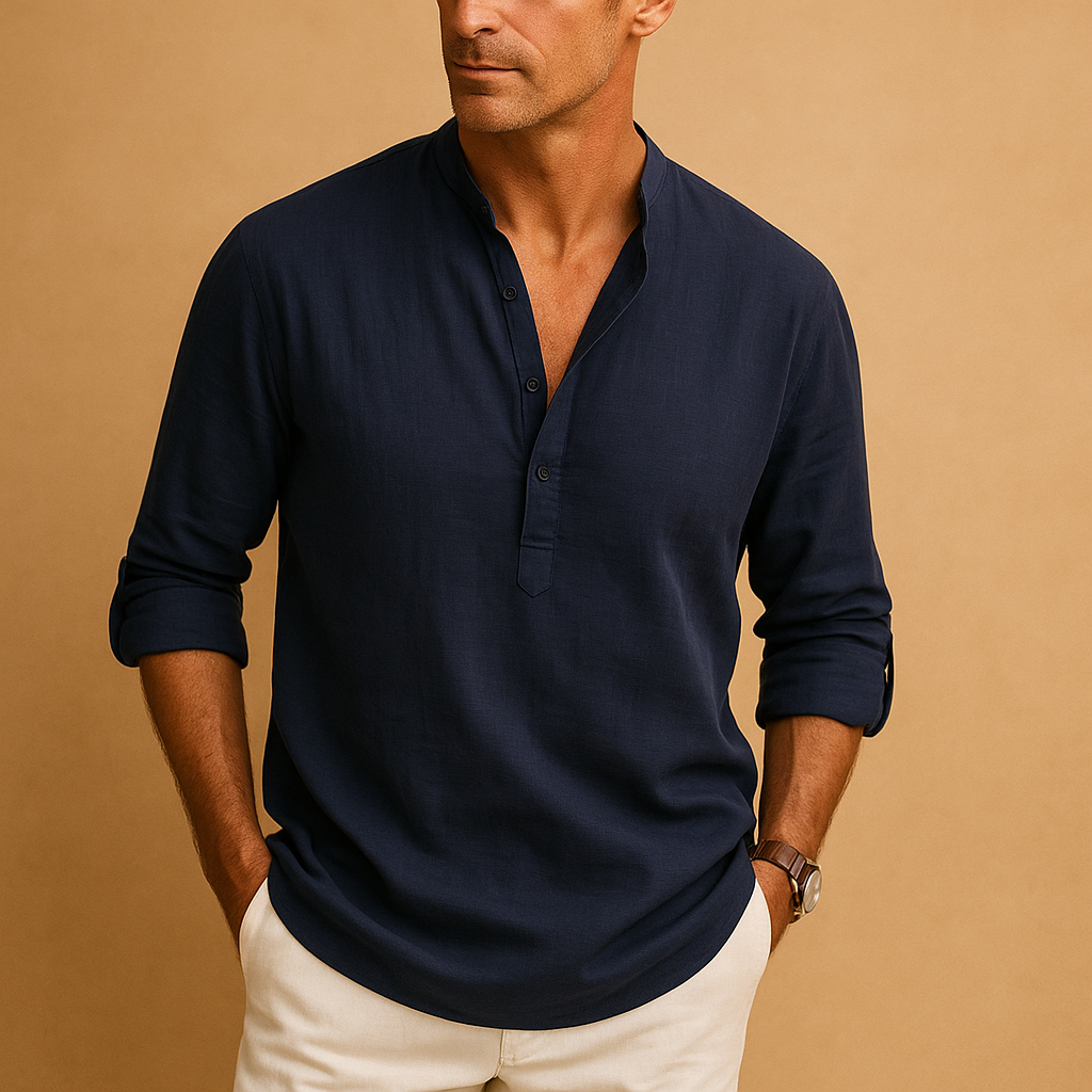 Light long-sleeve shirt for men with V-neck and breathable fabric, ideal for summer, work, or casual evenings out.