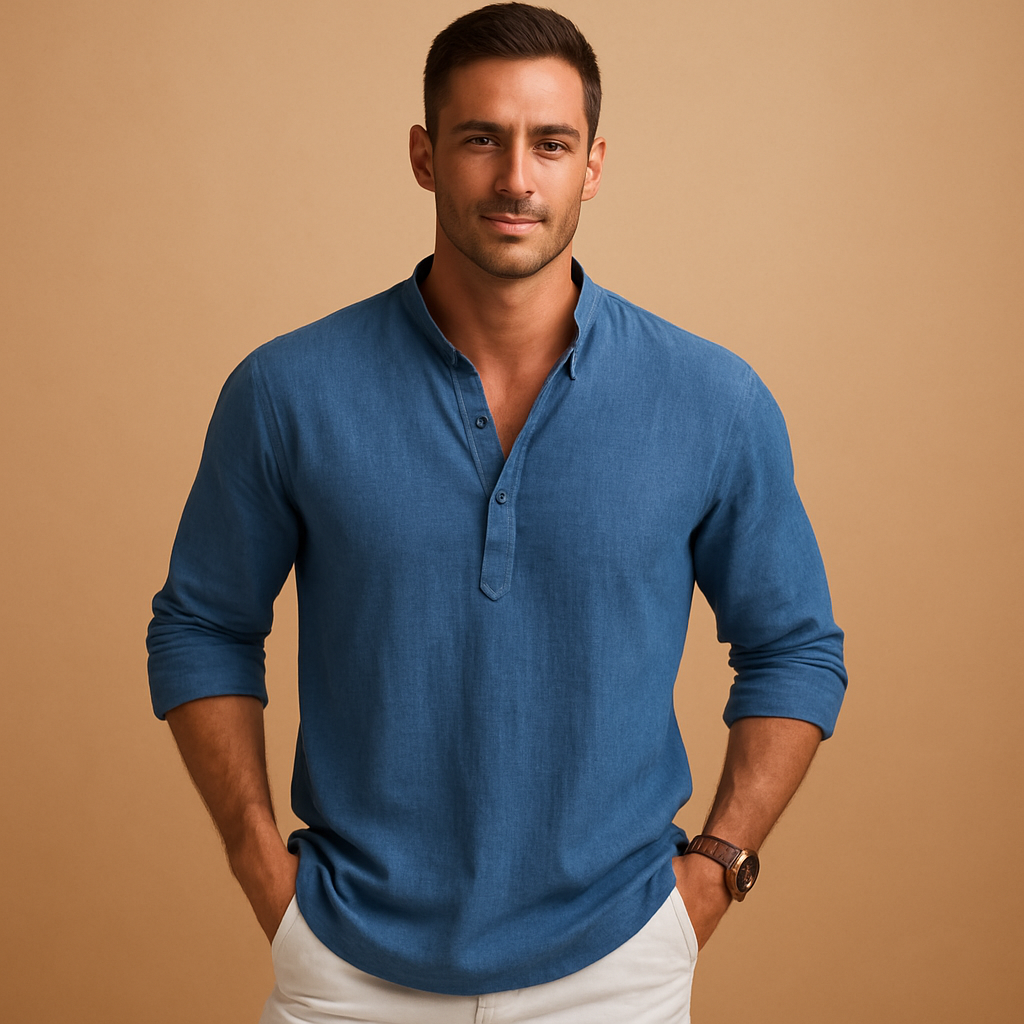 Light long-sleeve shirt for men with V-neck and breathable fabric, ideal for summer, work, or casual evenings out.