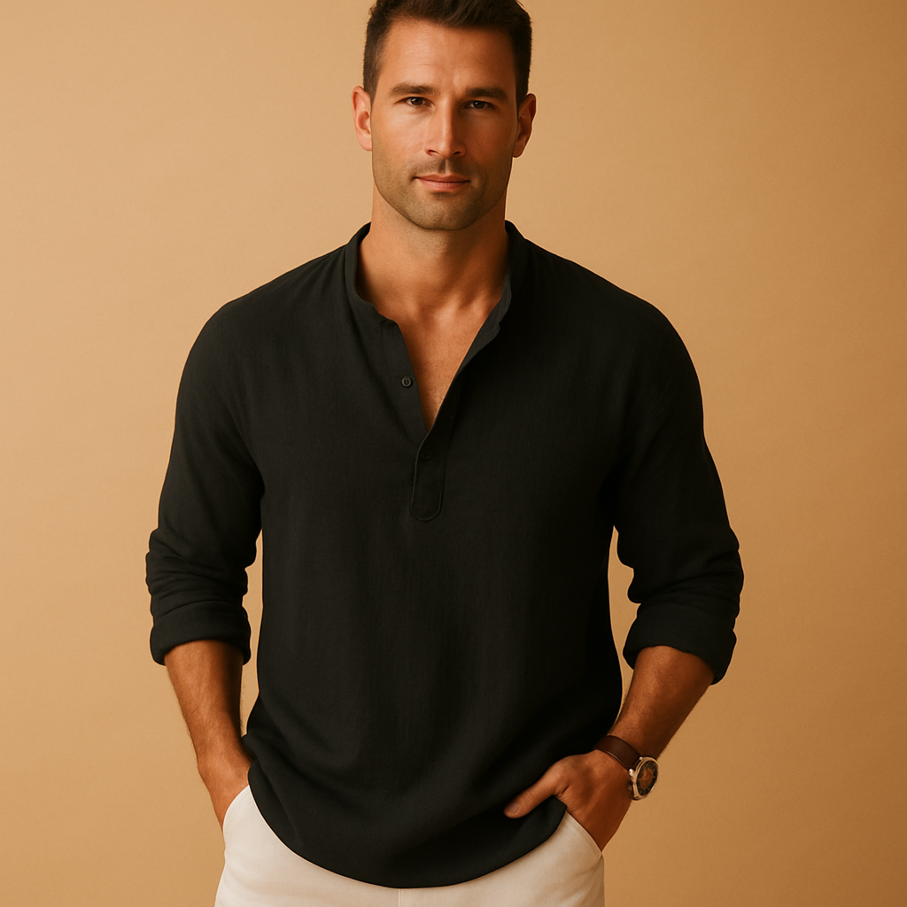 Light long-sleeve shirt for men with V-neck and breathable fabric, ideal for summer, work, or casual evenings out.