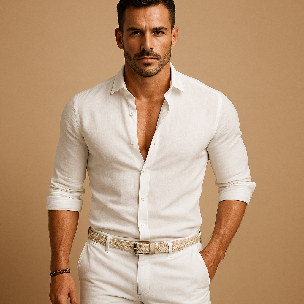 Lightweight button-down shirt for men with breathable fit and refined cuffs, perfect for work, leisure, and summer outfits.