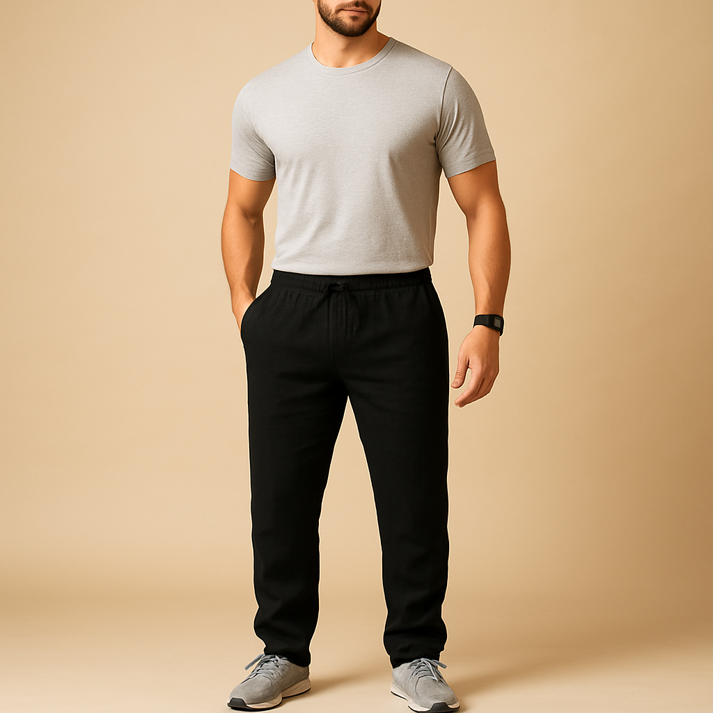 Men’s lightweight casual pants in breathable fabric with a relaxed fit, ideal for warm days, beach outings, or stylish casual wear.