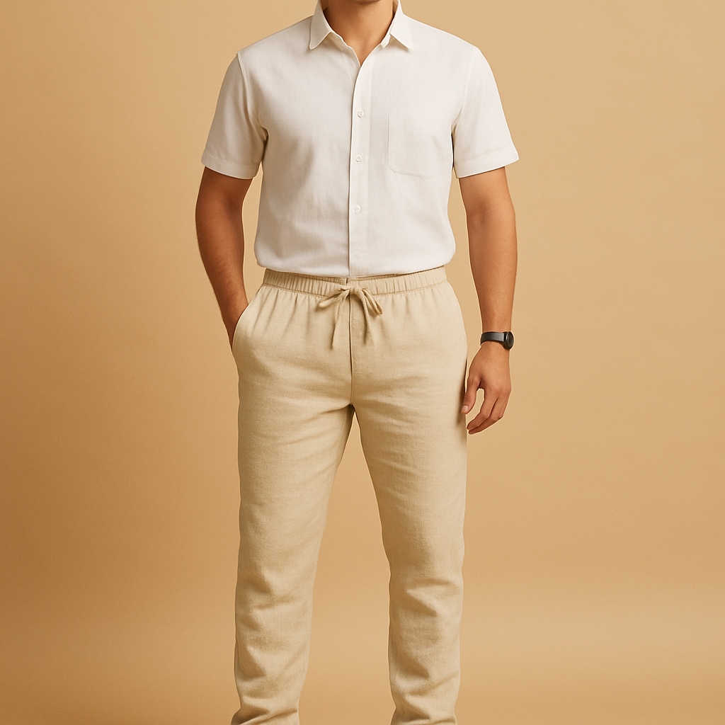 Men’s lightweight casual pants in breathable fabric with a relaxed fit, ideal for warm days, beach outings, or stylish casual wear.