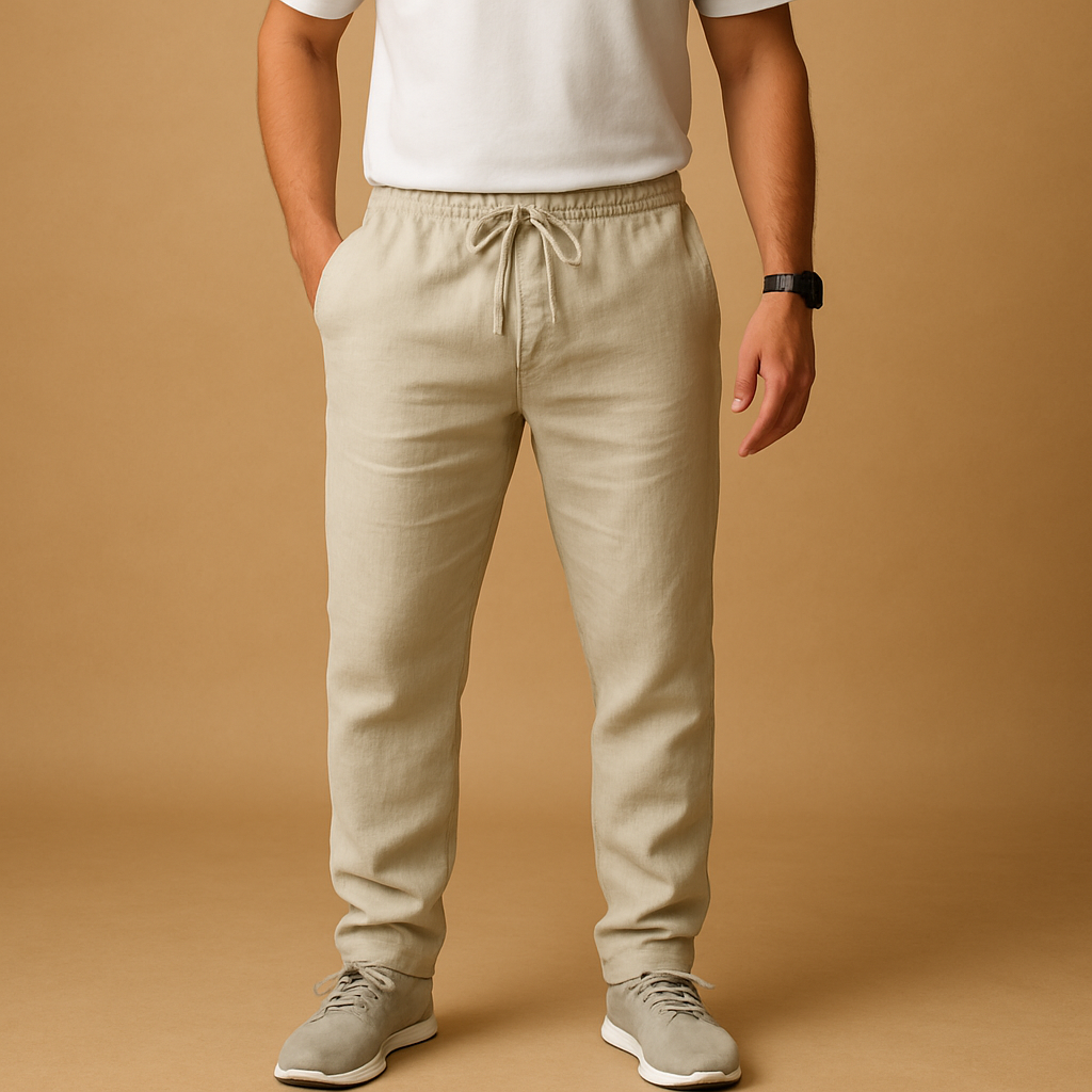 Men’s lightweight casual pants in breathable fabric with a relaxed fit, ideal for warm days, beach outings, or stylish casual wear.