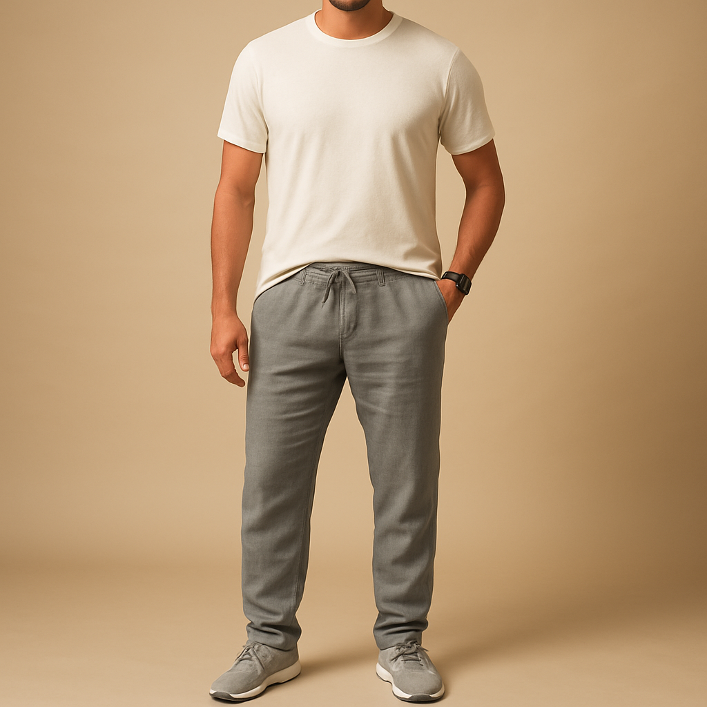 Men’s lightweight casual pants in breathable fabric with a relaxed fit, ideal for warm days, beach outings, or stylish casual wear.