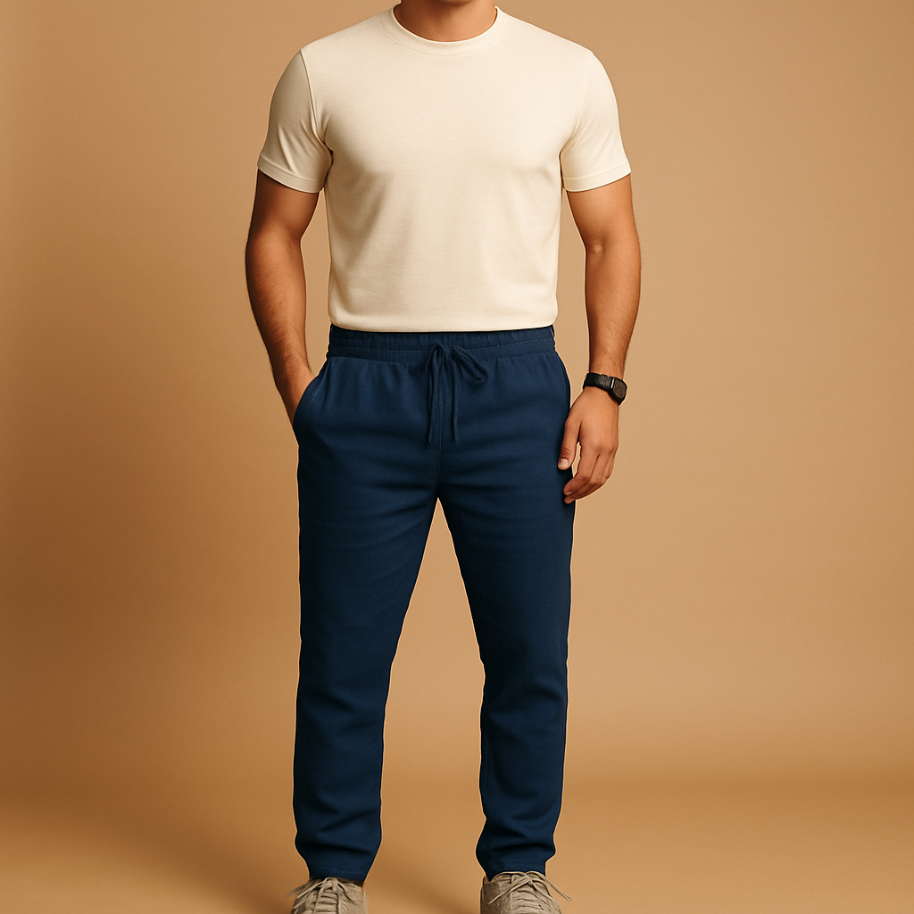 Men’s lightweight casual pants in breathable fabric with a relaxed fit, ideal for warm days, beach outings, or stylish casual wear.