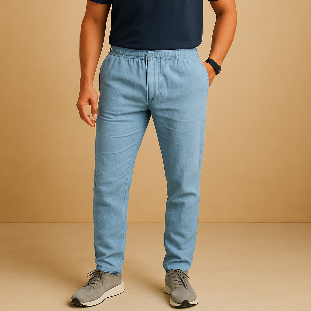 Men’s lightweight casual pants in breathable fabric with a relaxed fit, ideal for warm days, beach outings, or stylish casual wear.