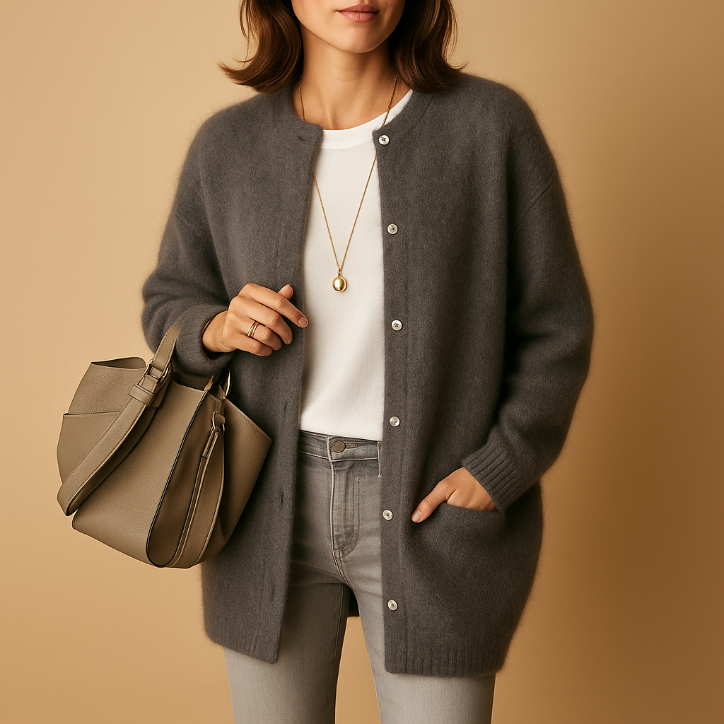 Women’s lightweight knitted cardigan with front buttons, relaxed fit, hip-length cut, perfect for layering across seasons in multiple colors.
