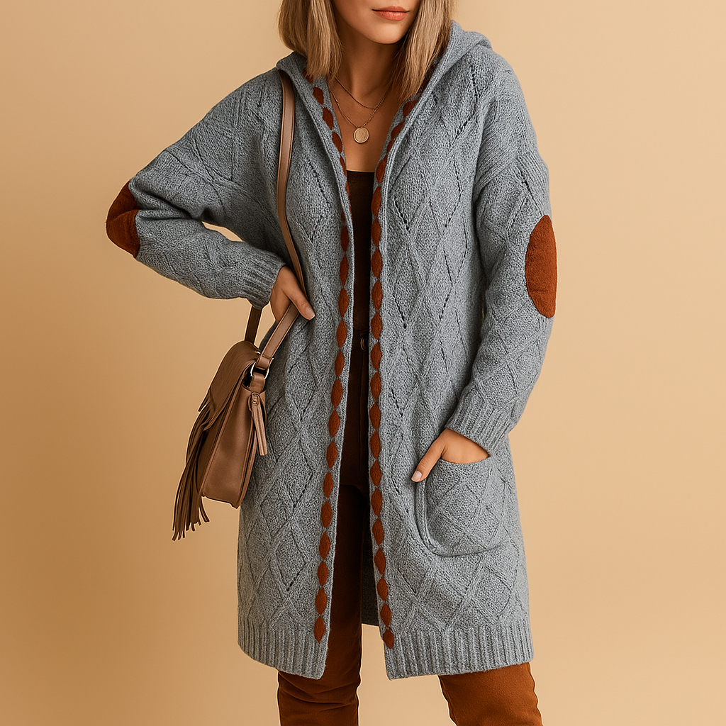 Women’s lightweight knitted cardigan with hood, long sleeves, and breathable fabric. Ideal for layering in casual or semi-formal outfits.