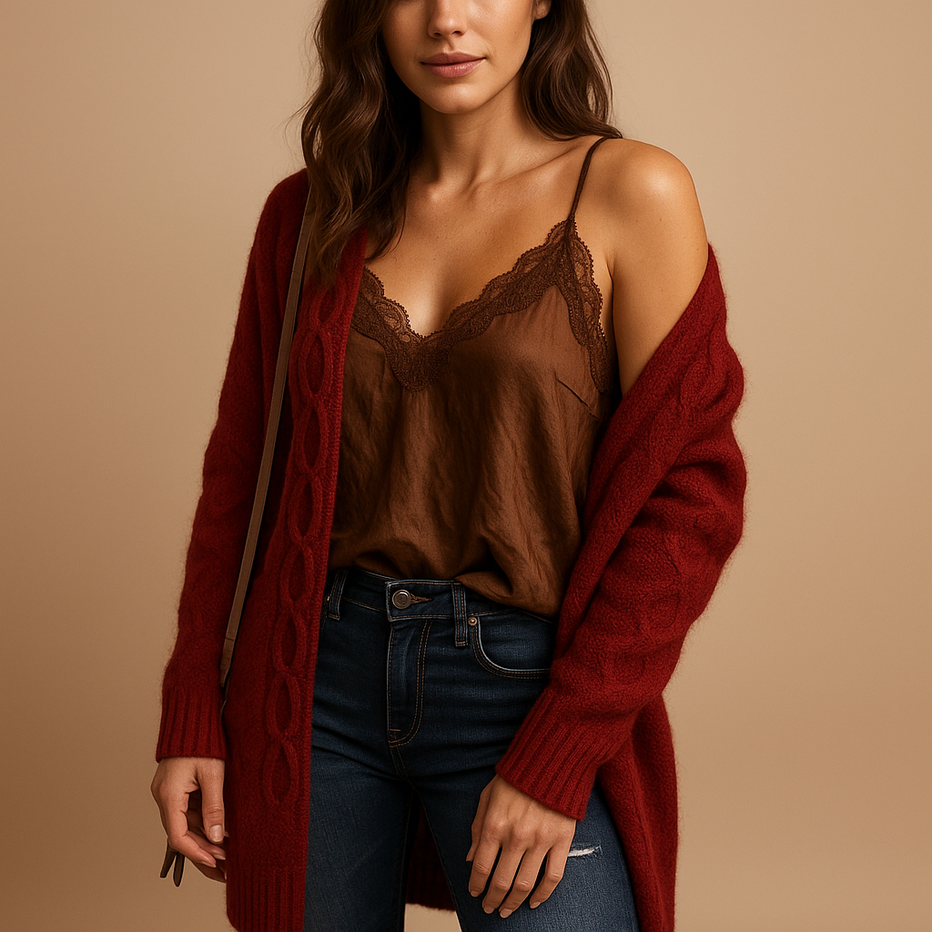 Women’s lightweight knitted cardigan with hood, long sleeves, and breathable fabric. Ideal for layering in casual or semi-formal outfits.