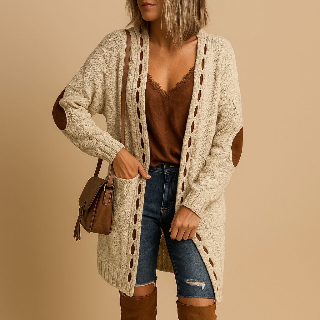 Women’s lightweight knitted cardigan with hood, long sleeves, and breathable fabric. Ideal for layering in casual or semi-formal outfits.