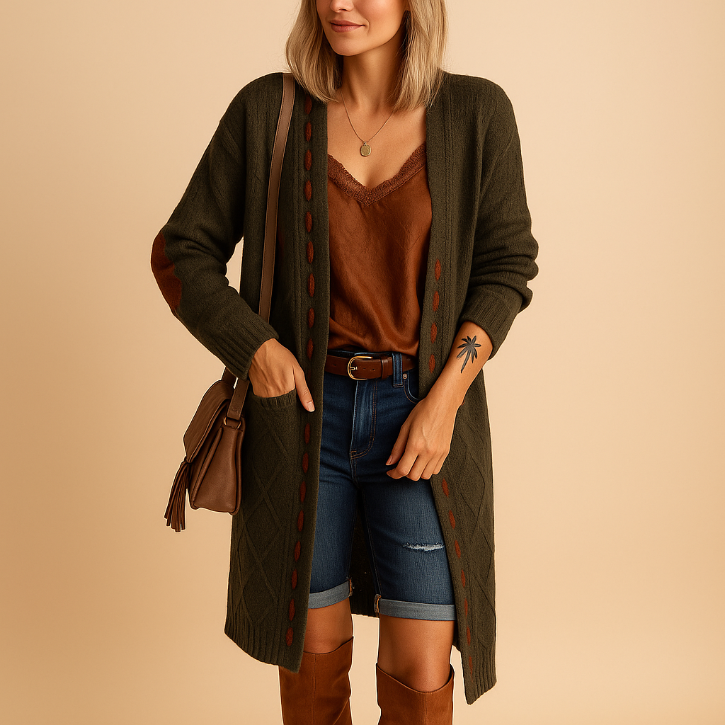 Women’s lightweight knitted cardigan with hood, long sleeves, and breathable fabric. Ideal for layering in casual or semi-formal outfits.