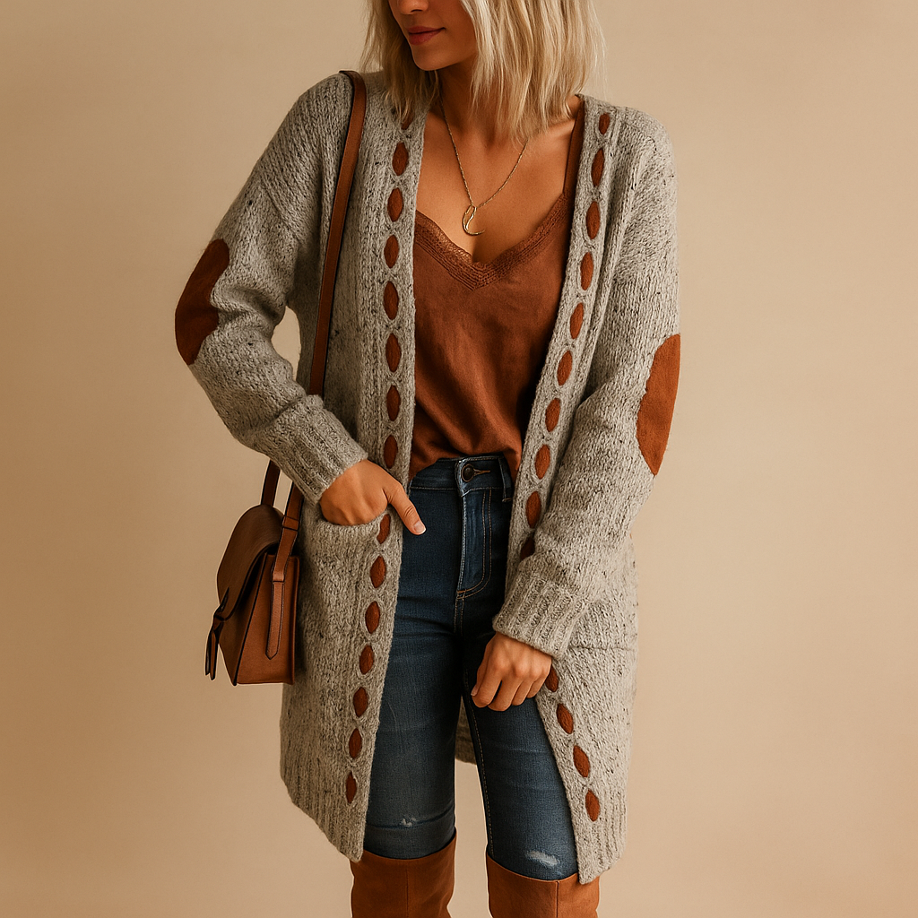 Women’s lightweight knitted cardigan with hood, long sleeves, and breathable fabric. Ideal for layering in casual or semi-formal outfits.