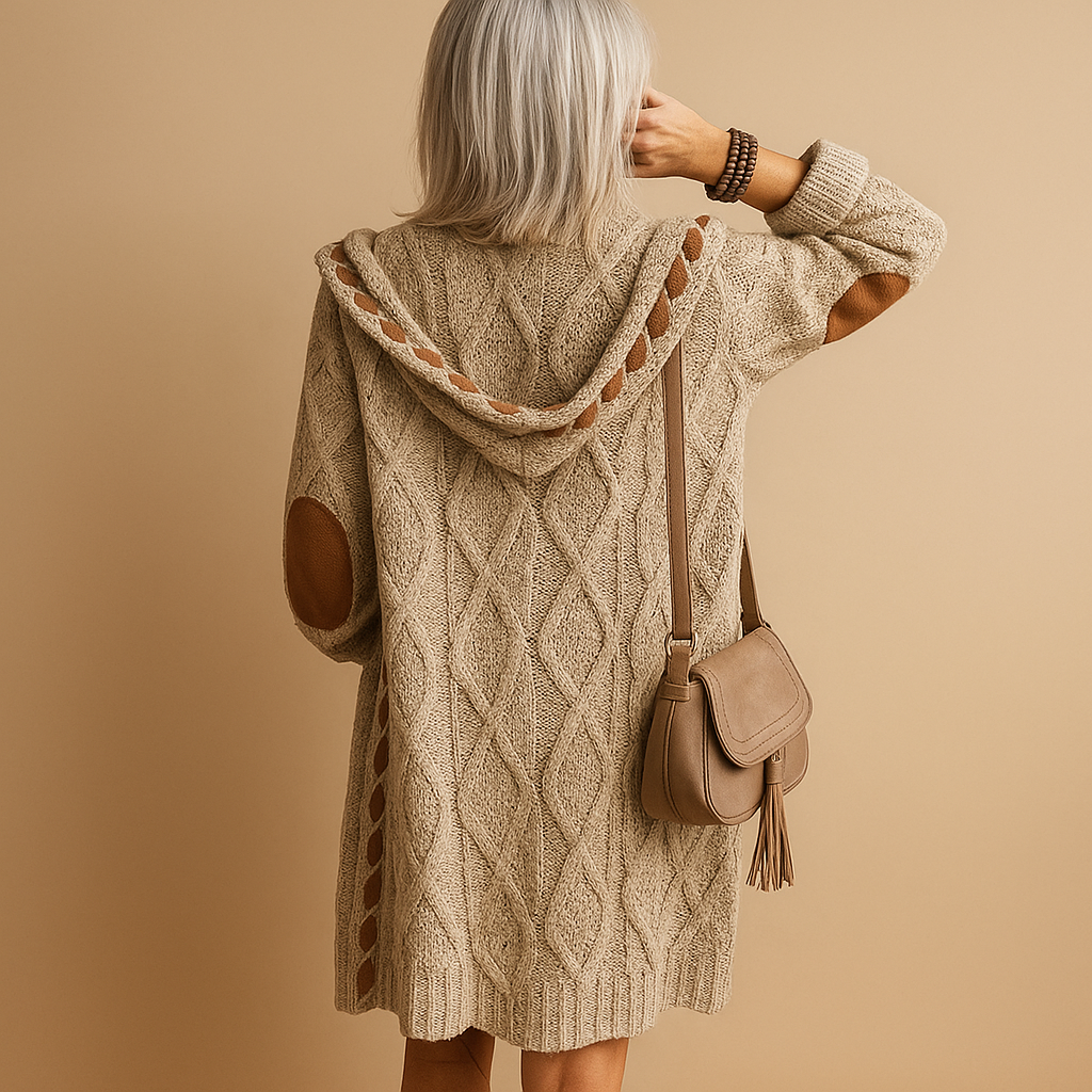 Women’s lightweight knitted cardigan with hood, long sleeves, and breathable fabric. Ideal for layering in casual or semi-formal outfits.