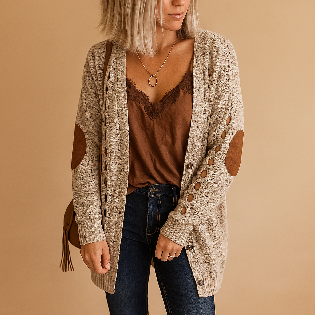 Women’s lightweight knitted cardigan with hood, long sleeves, and breathable fabric. Ideal for layering in casual or semi-formal outfits.