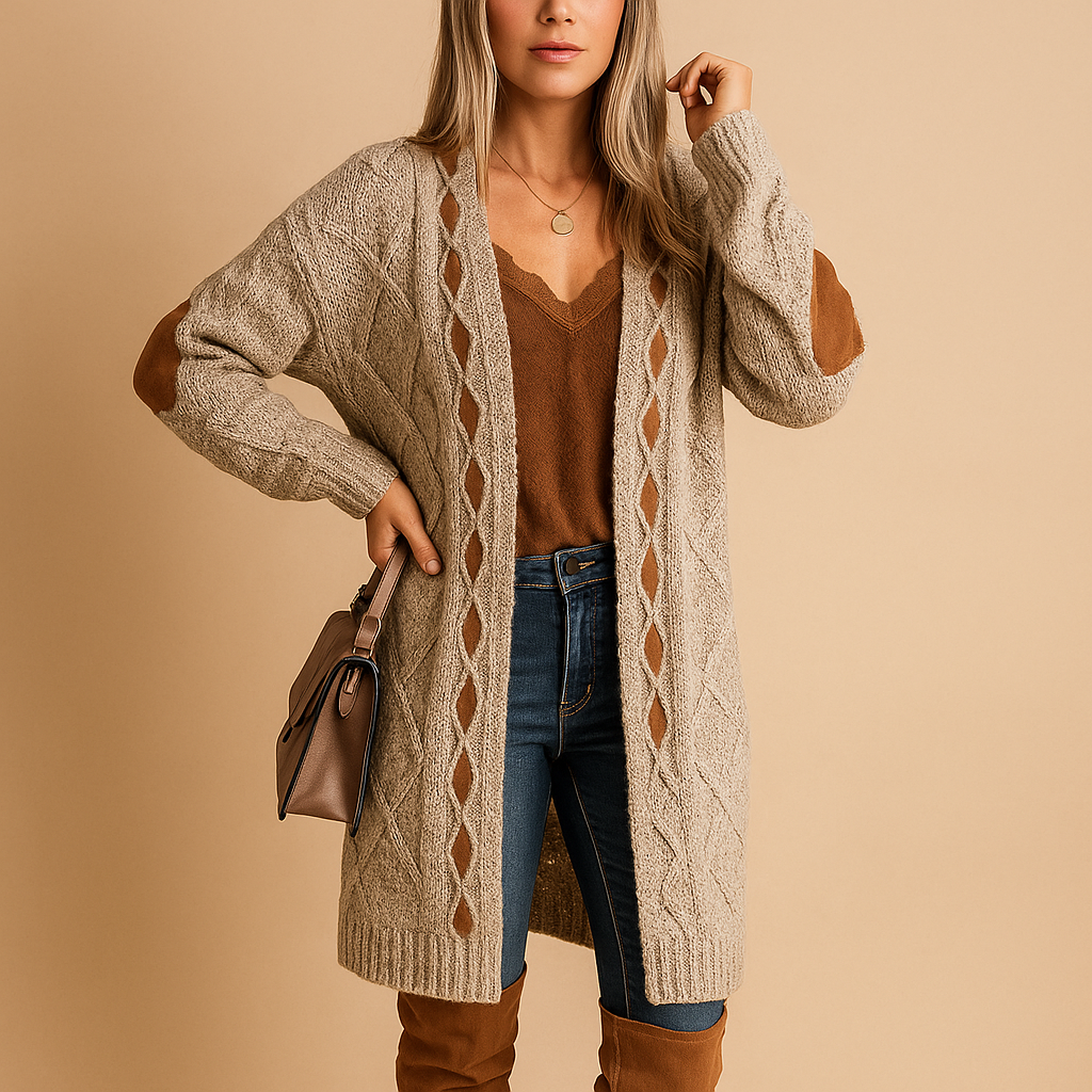 Women’s lightweight knitted cardigan with hood, long sleeves, and breathable fabric. Ideal for layering in casual or semi-formal outfits.