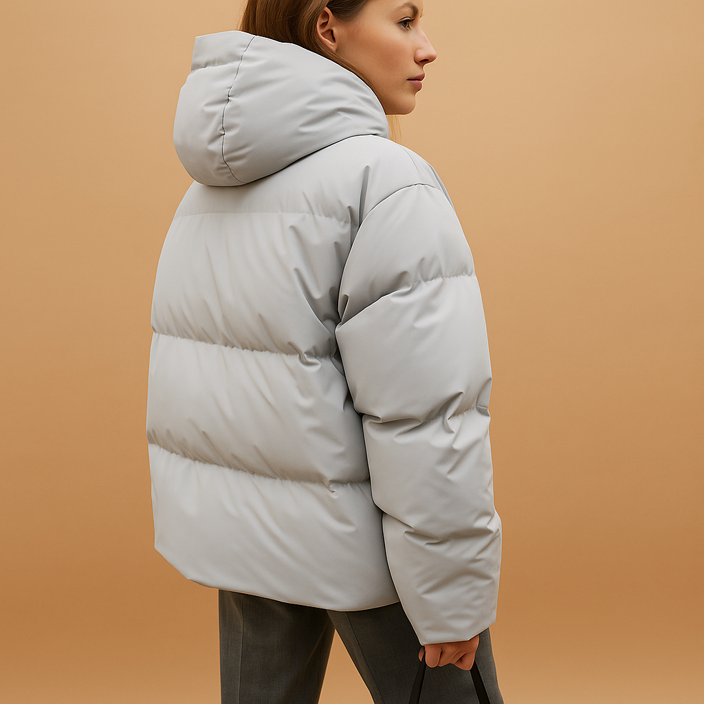 Lightweight padded winter coat with hood for women, featuring water-repellent finish, zipper closure, and flattering bomber-style fit.
