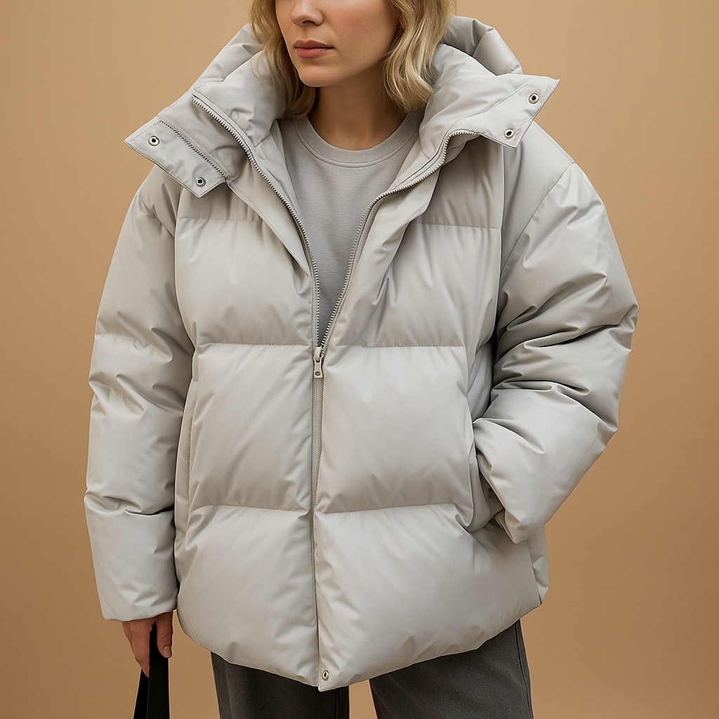 Lightweight padded winter coat with hood for women, featuring water-repellent finish, zipper closure, and flattering bomber-style fit.