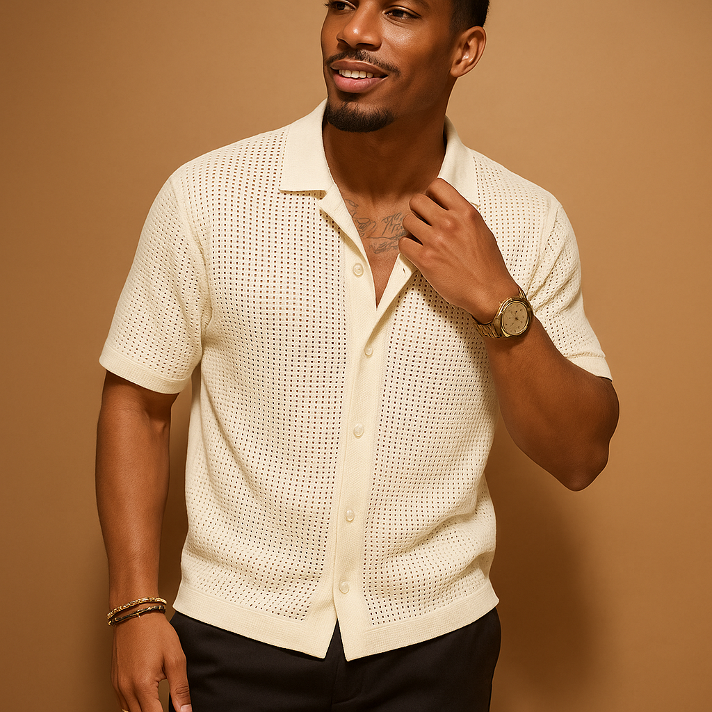Men’s lightweight short sleeve summer shirt in solid beige, featuring breathable fabric and a classic button design, ideal for warm weather and vacations.