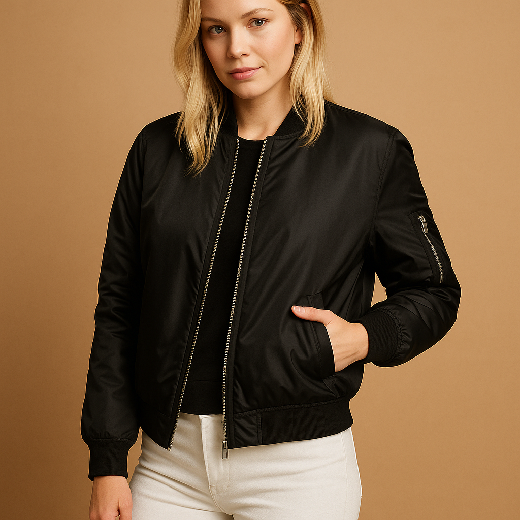 Lightweight summer bomber jacket for women with zipper and side pockets, ideal for casual outfits and cooler summer days.