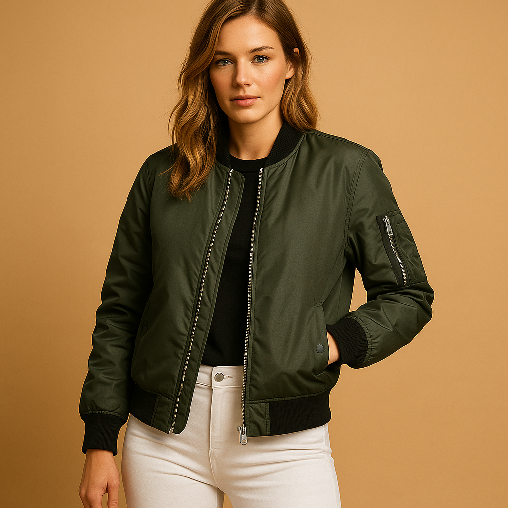 Lightweight summer bomber jacket for women with zipper and side pockets, ideal for casual outfits and cooler summer days.