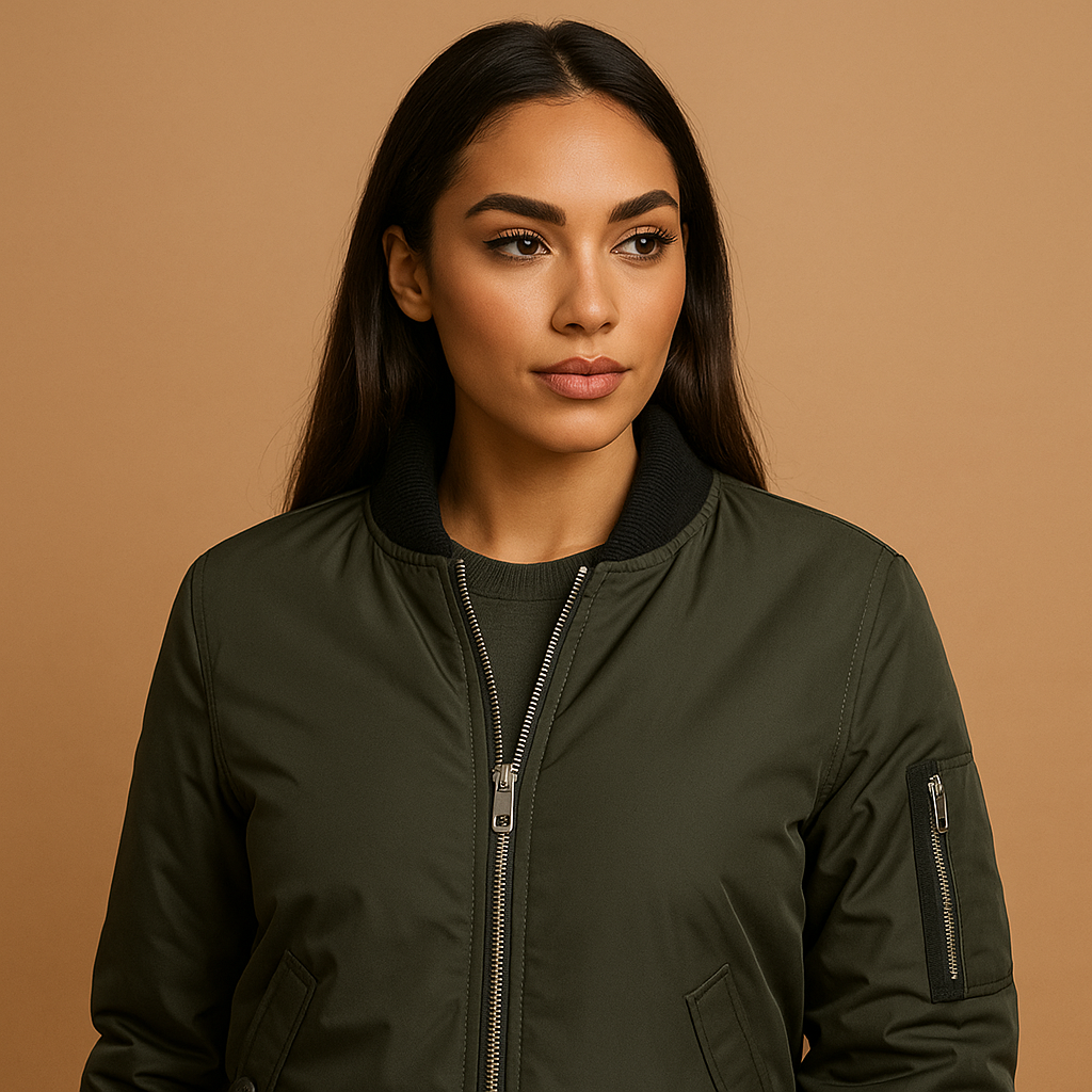 Lightweight summer bomber jacket for women with zipper and side pockets, ideal for casual outfits and cooler summer days.