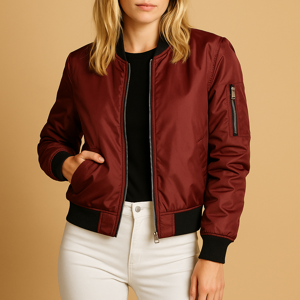 Lightweight summer bomber jacket for women with zipper and side pockets, ideal for casual outfits and cooler summer days.