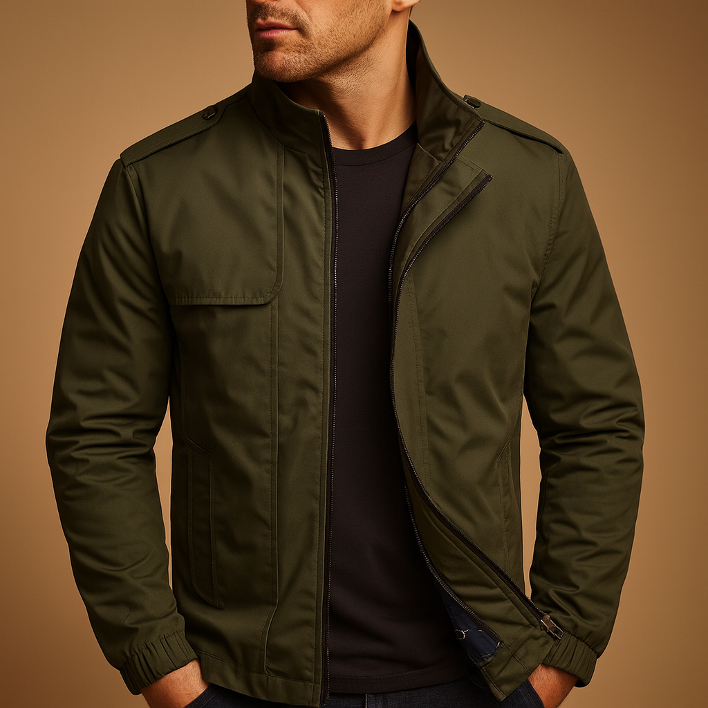 Men’s lightweight summer jacket with stand-up collar and modern design, featuring practical pockets for casual or formal occasions.
