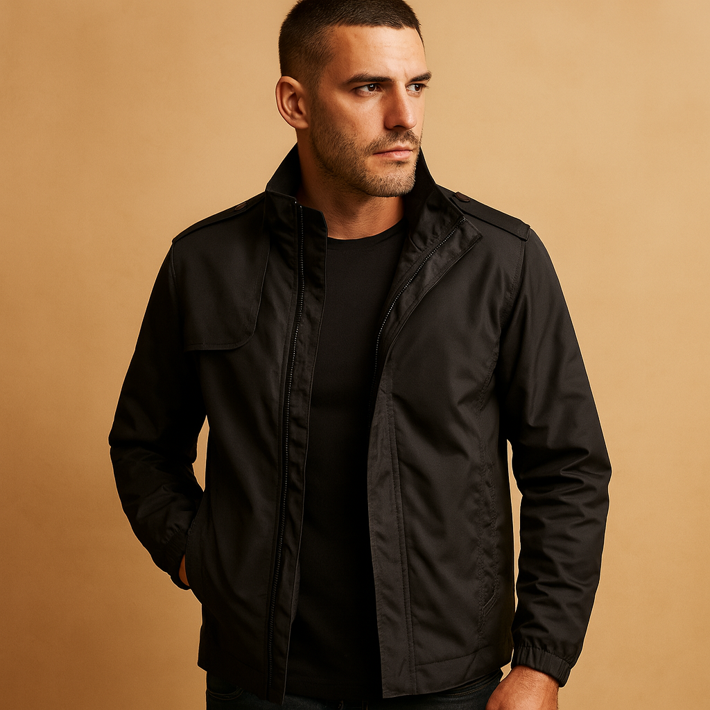 Men’s lightweight summer jacket with stand-up collar and modern design, featuring practical pockets for casual or formal occasions.