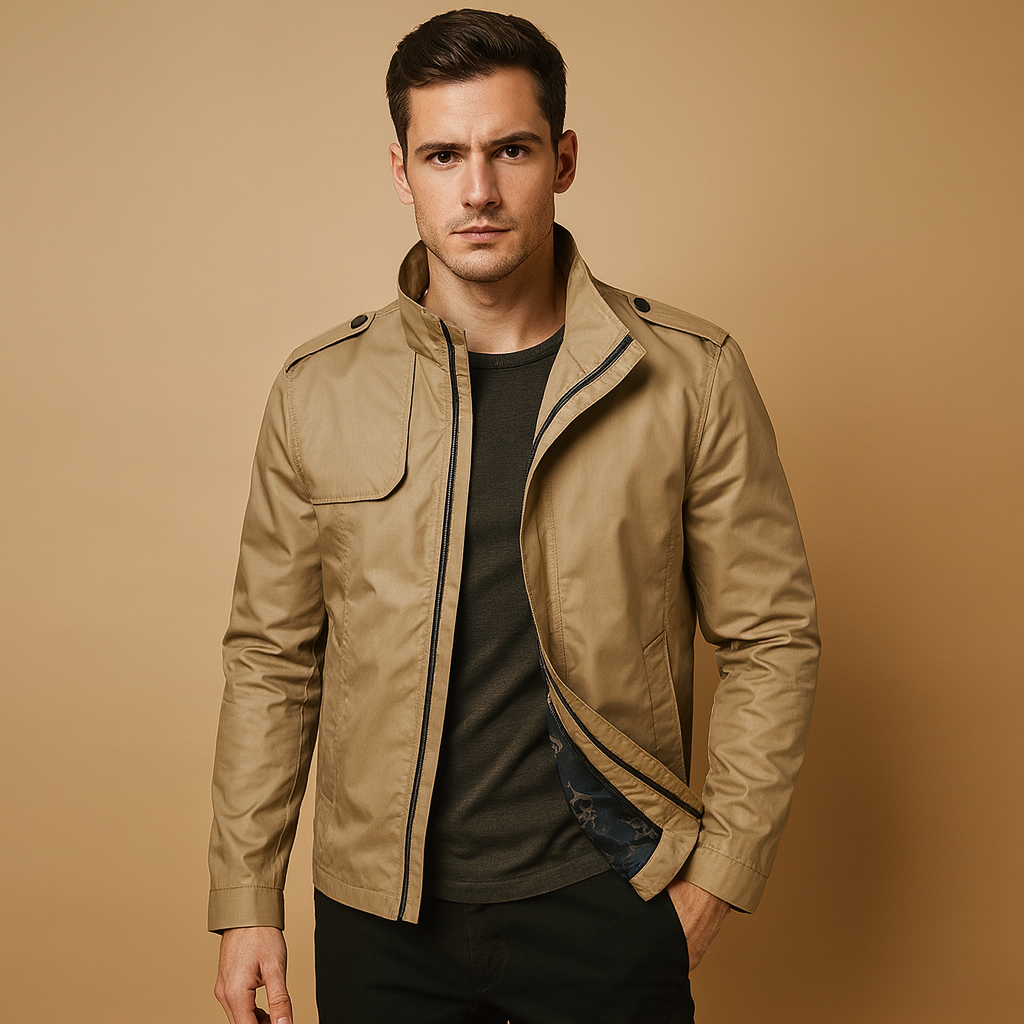Men’s lightweight summer jacket with stand-up collar and modern design, featuring practical pockets for casual or formal occasions.