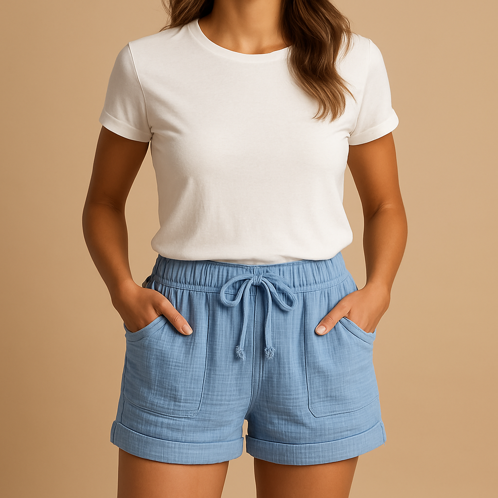 Women’s lightweight summer shorts with elastic waistband and side pockets, perfect for warm days, vacations, or casual summer outfits.