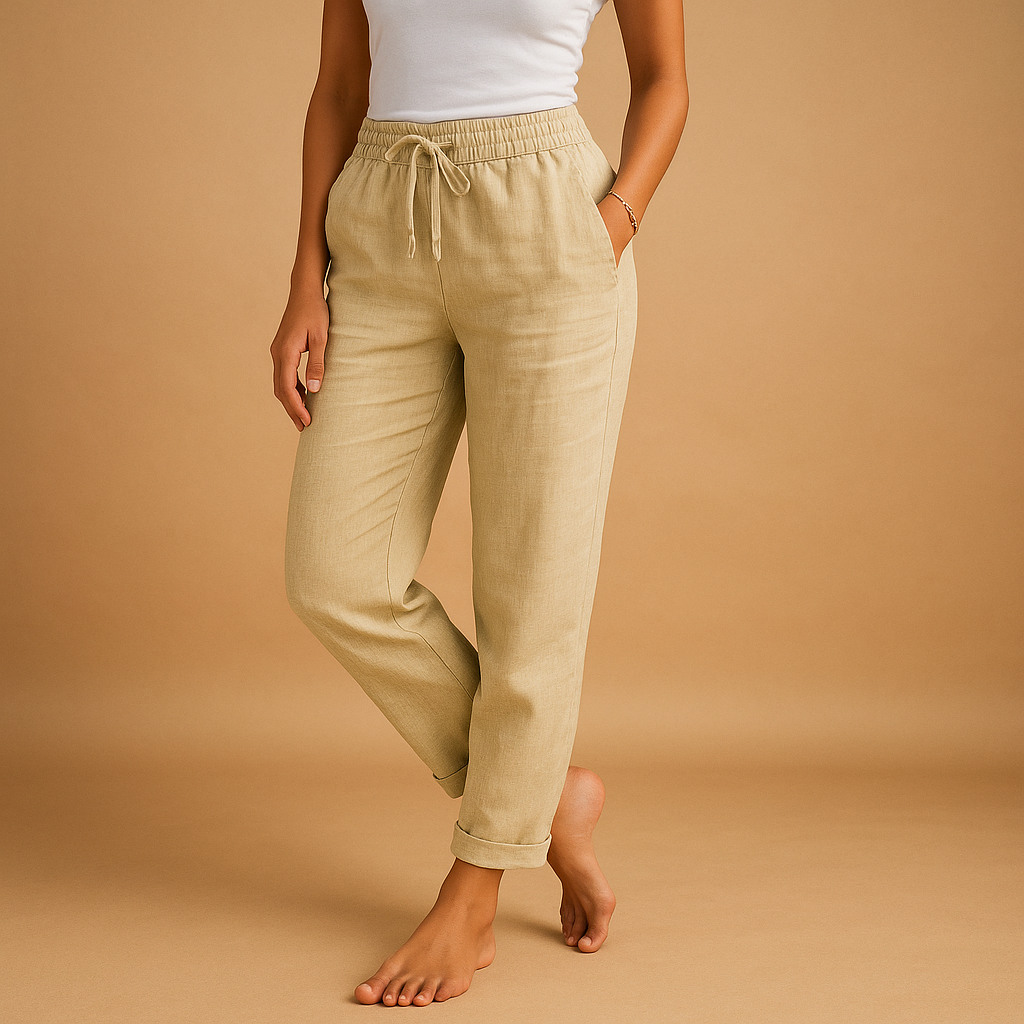 Women’s lightweight trousers with elastic waistband and feminine cut, designed with flowy fabric for both casual wear and formal occasions.