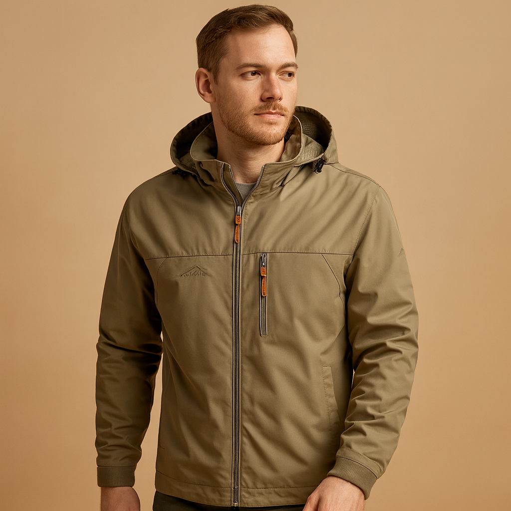 Men’s lightweight waterproof rain jacket with adjustable hood, breathable design, and modern style, perfect for outdoor activities and daily wear.
