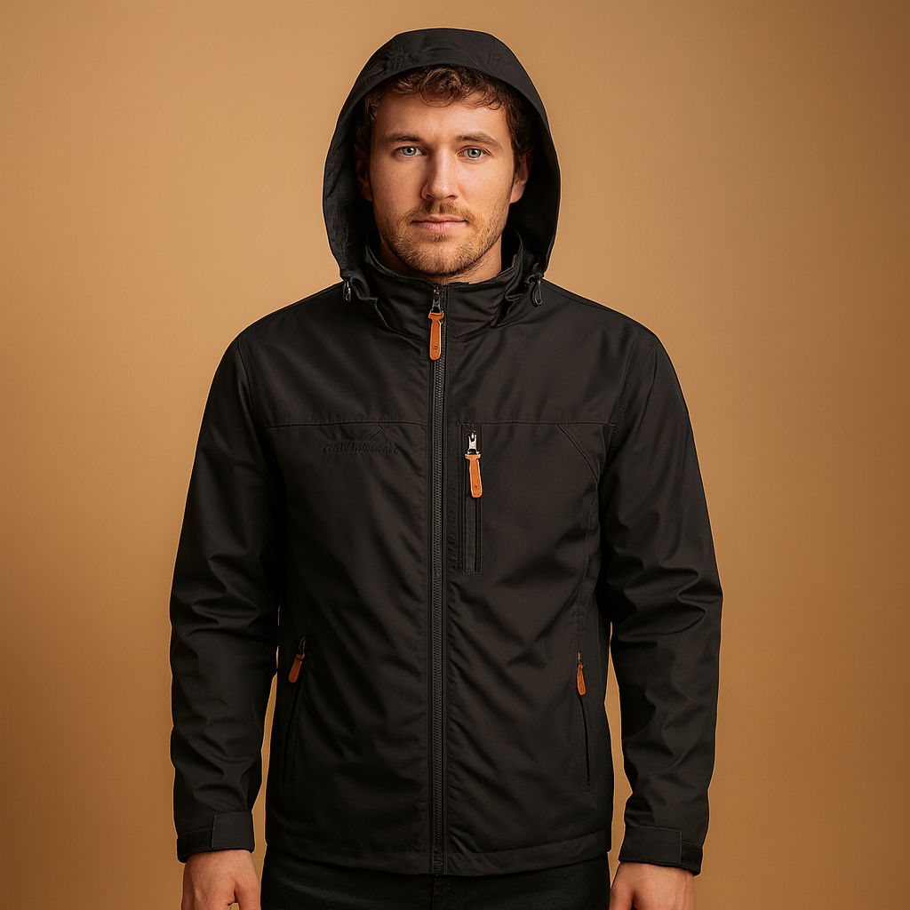 Men’s lightweight waterproof rain jacket with adjustable hood, breathable design, and modern style, perfect for outdoor activities and daily wear.