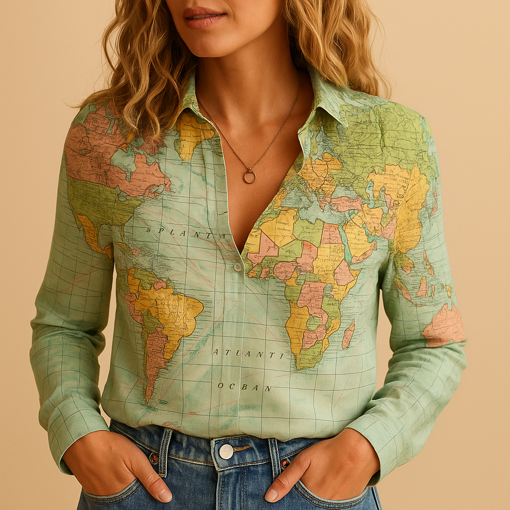 Women’s lightweight green blouse with world map print and half button closure, perfect for travel, casual days, and office wear.