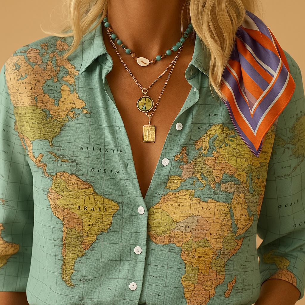 Women’s lightweight green blouse with world map print and half button closure, perfect for travel, casual days, and office wear.