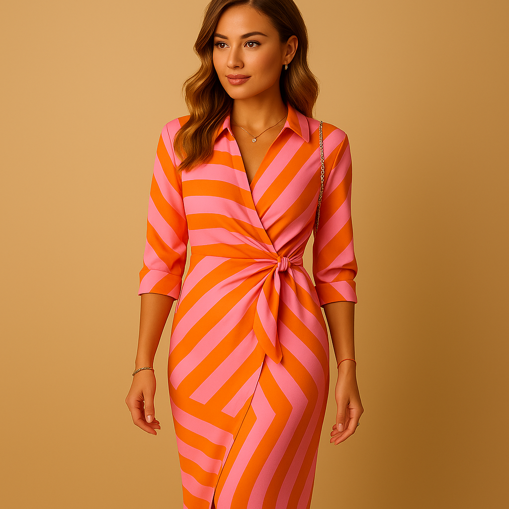Lightweight wrap dress with collar for women, featuring an adjustable tie closure and breathable fabric, ideal for summer outings and events.