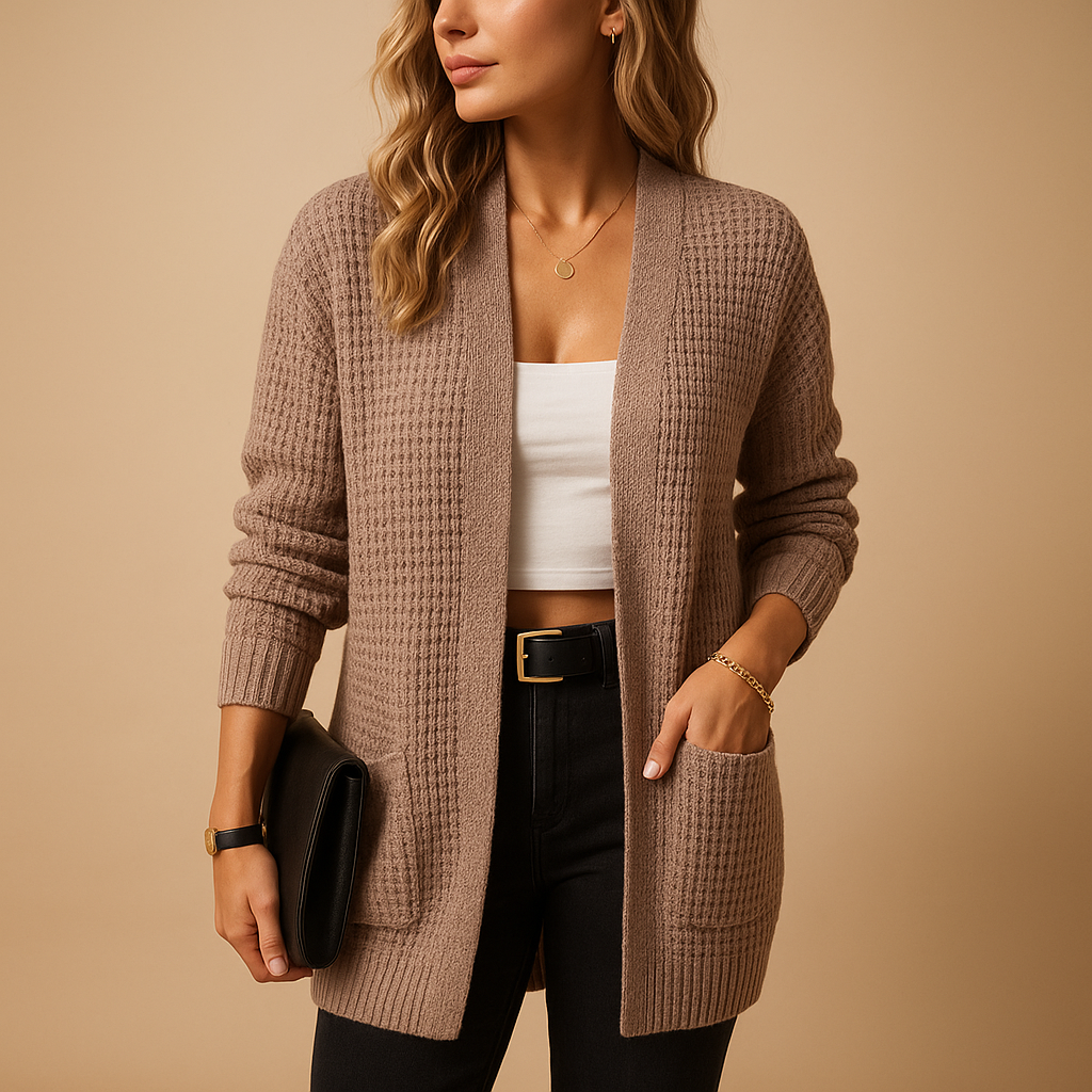 Women’s long cardigan with v-neck, relaxed fit, and practical pockets. Made from soft breathable fabric, ideal for autumn, winter, or casual everyday wear.