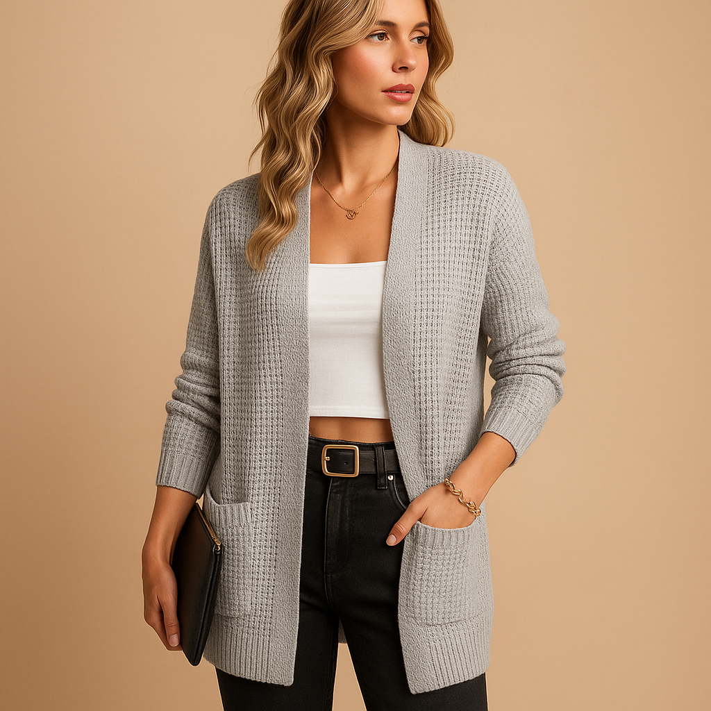 Women’s long cardigan with v-neck, relaxed fit, and practical pockets. Made from soft breathable fabric, ideal for autumn, winter, or casual everyday wear.