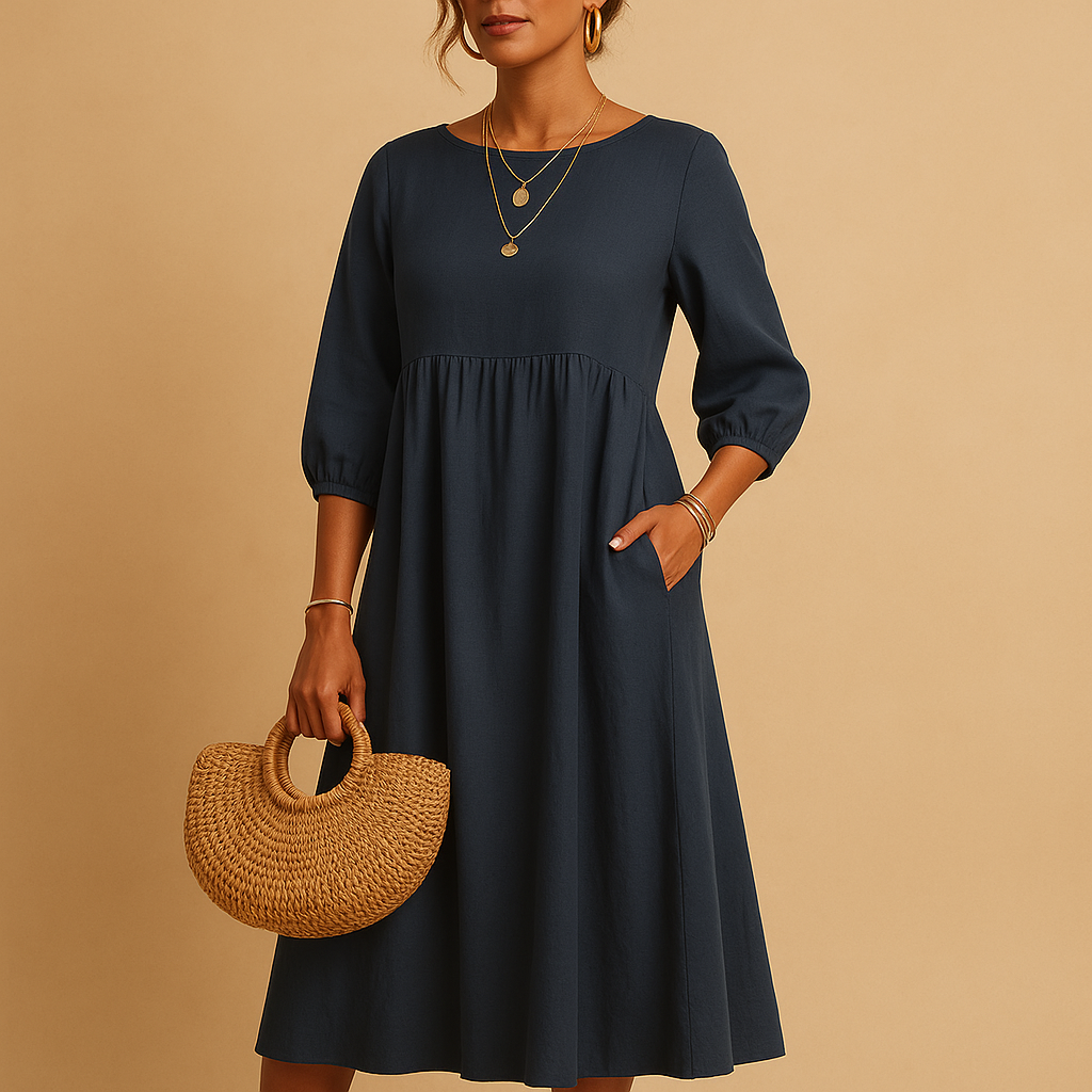 Long casual dress for women with round neckline and relaxed fit, perfect for spring, summer, and autumn everyday wear.