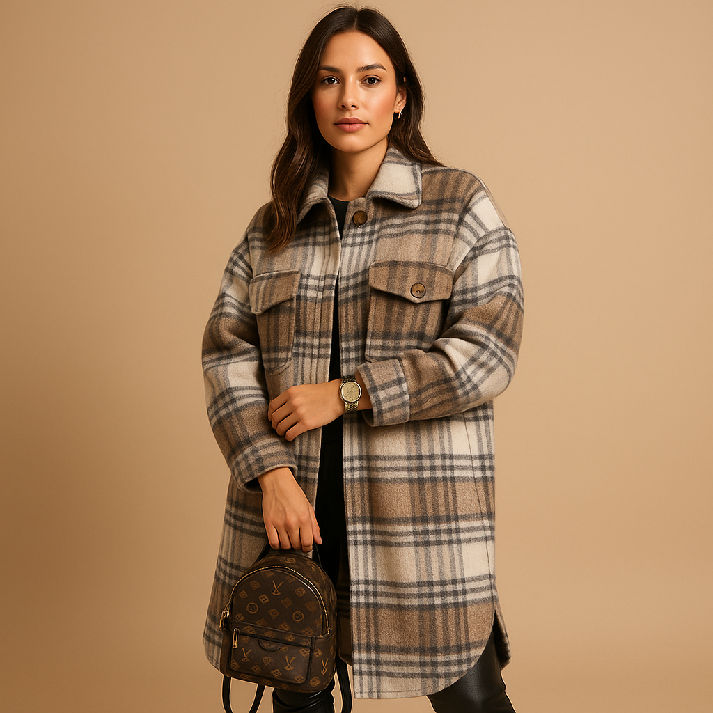 Long checkered coat for women with tailored fit and classic pattern, ideal for cool days and stylish outfits.