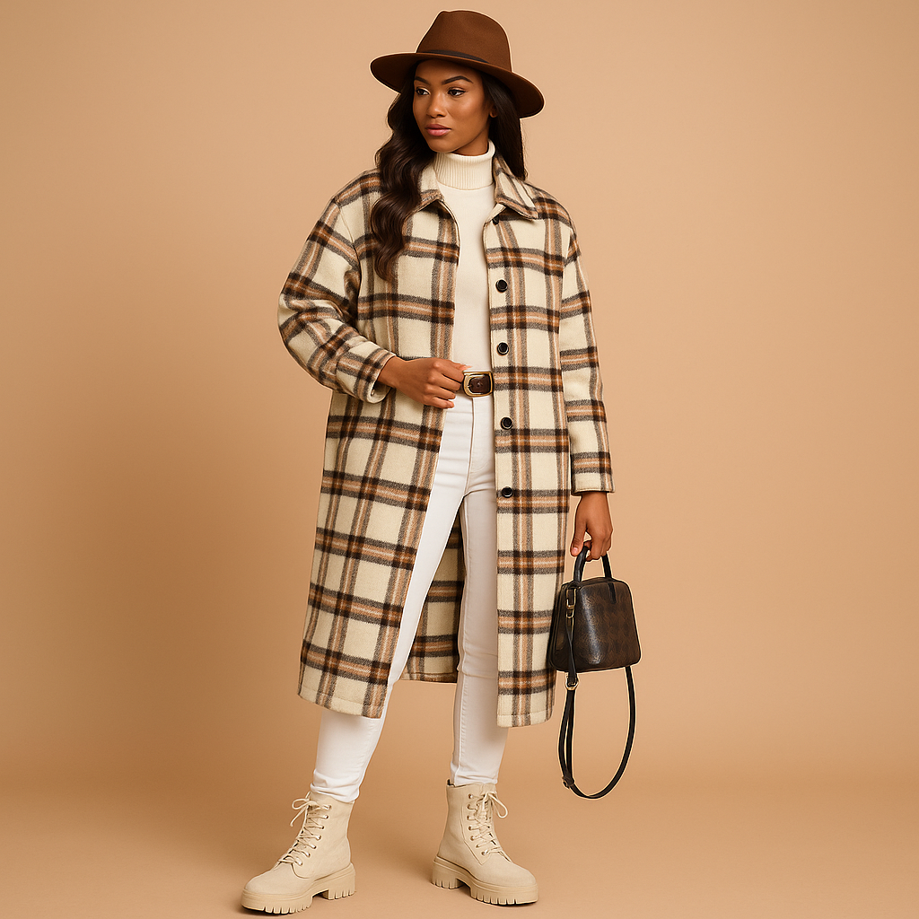 Long checkered coat for women with tailored fit and classic pattern, ideal for cool days and stylish outfits.