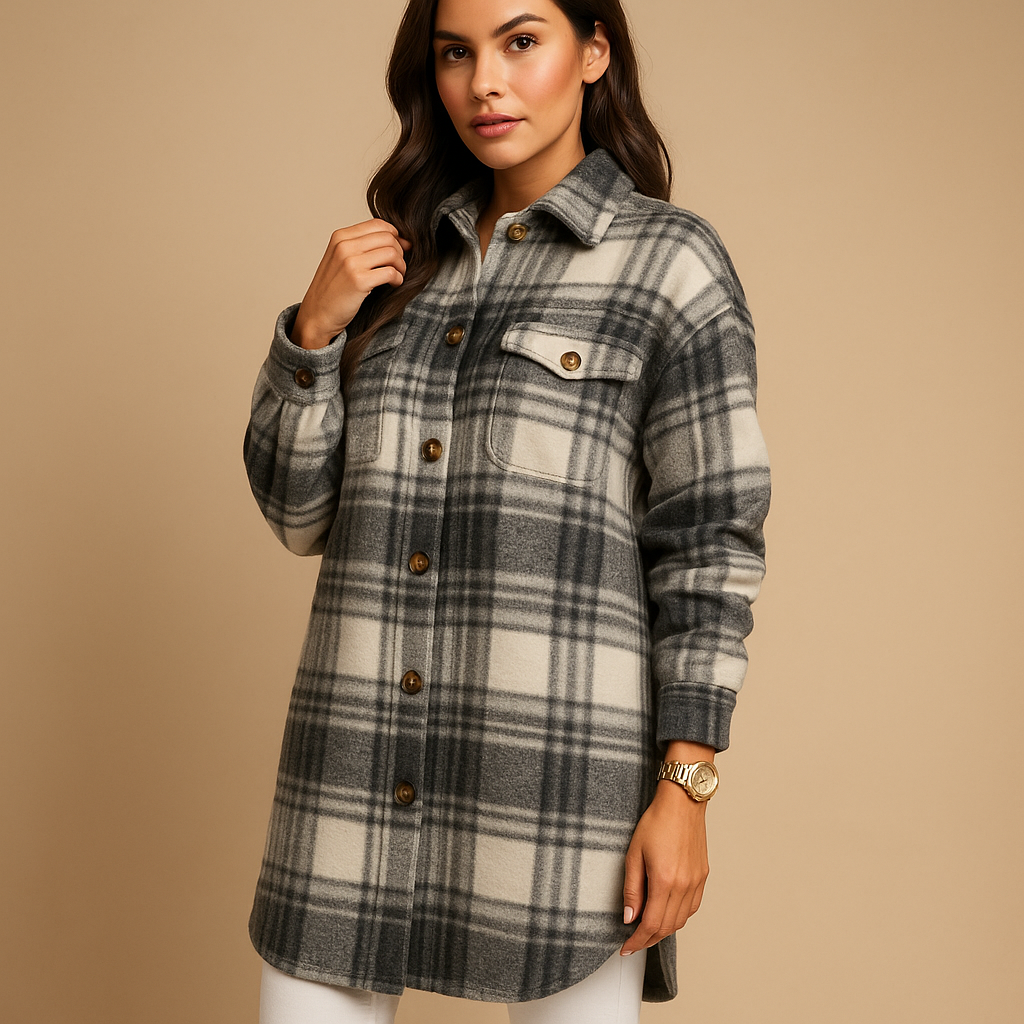 Long checkered coat for women with tailored fit and classic pattern, ideal for cool days and stylish outfits.