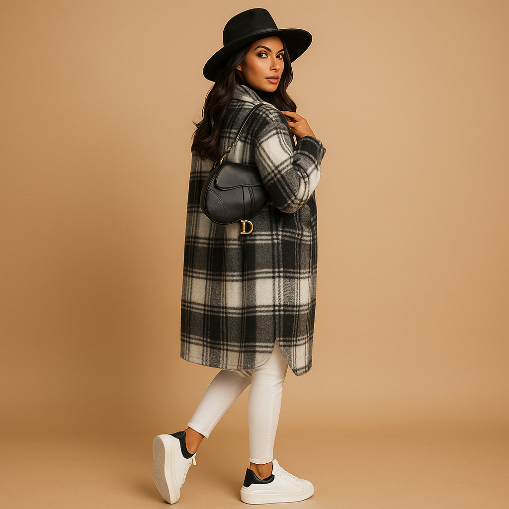 Long checkered coat for women with tailored fit and classic pattern, ideal for cool days and stylish outfits.